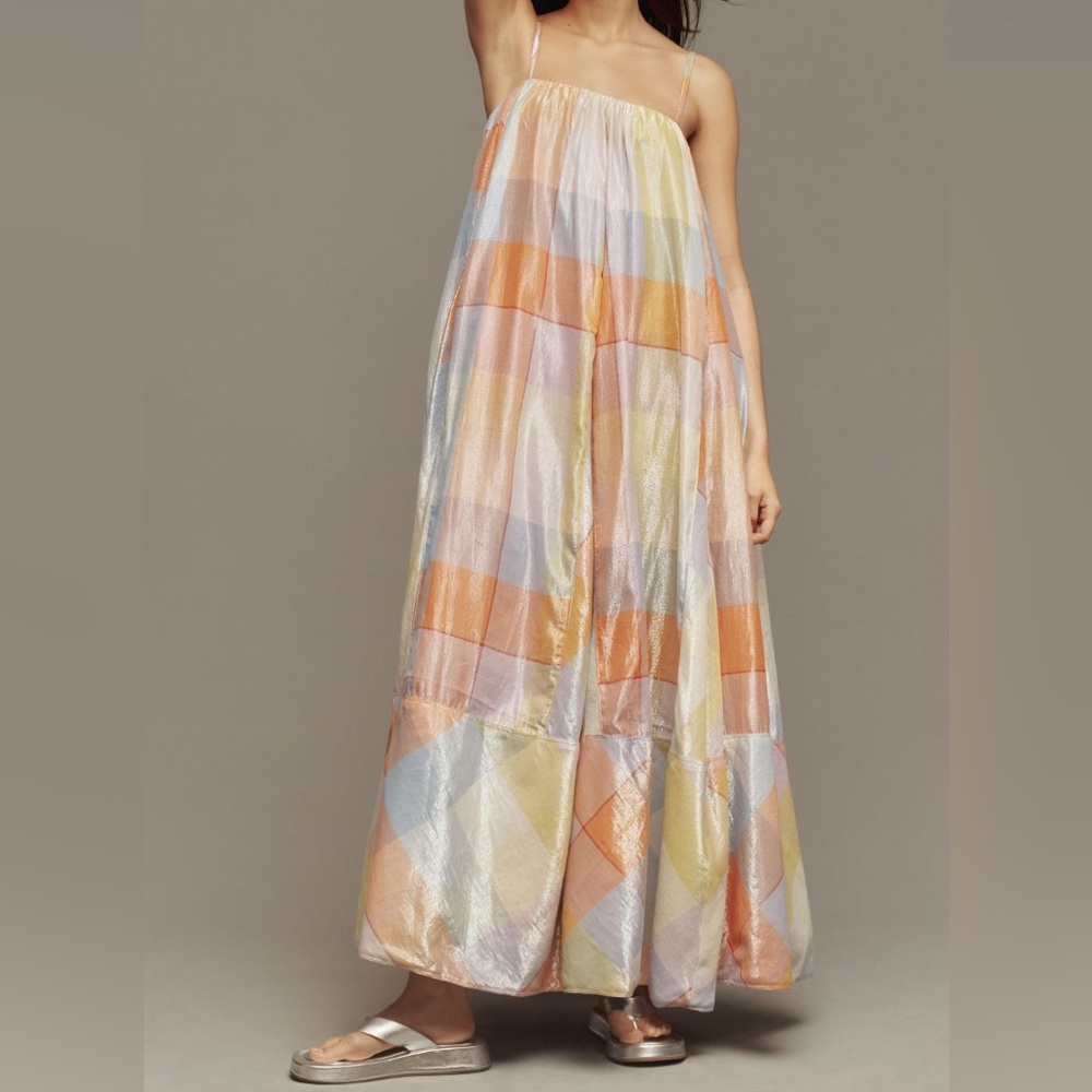Anthropologie Blue and Orange Pleated Tiered Maxi Sundress